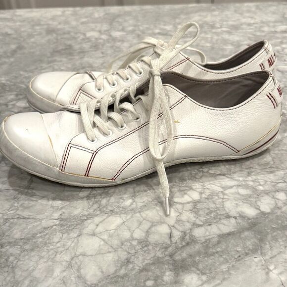 Converse Leather Chuck Taylor All Star Womens 7.5 Ivory  Red Sneakers Yellowing - Picture 1 of 8